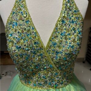 Beaded Halter Dress in Green and Blue